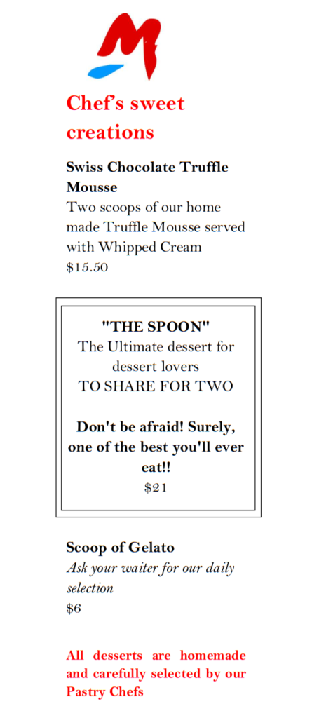 Dessert Menu