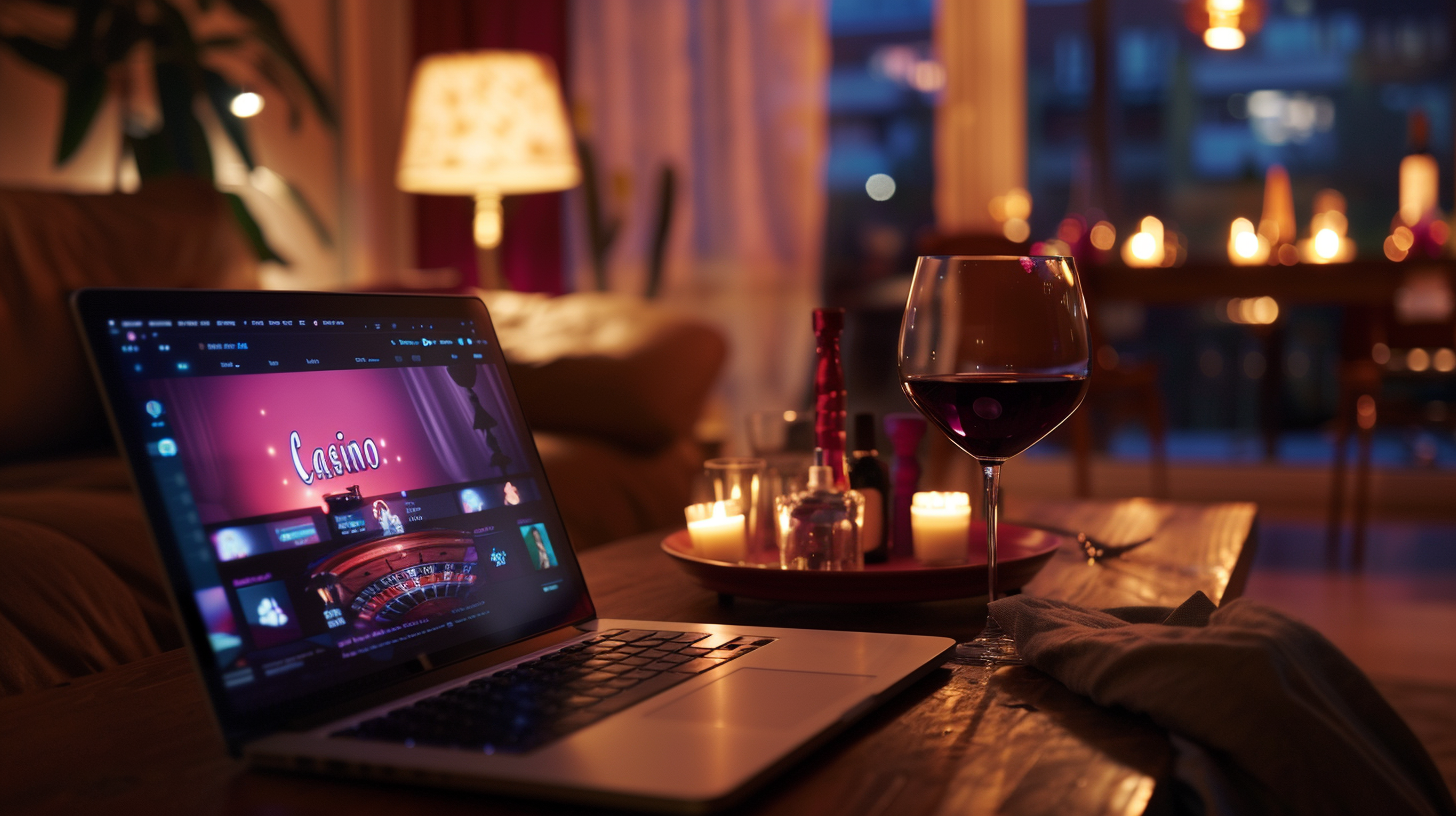 A cinematic low-light shot of a cozy living room at night with a laptop open on a wooden coffee table, a glass of red wine, and warm candlelight in the background.