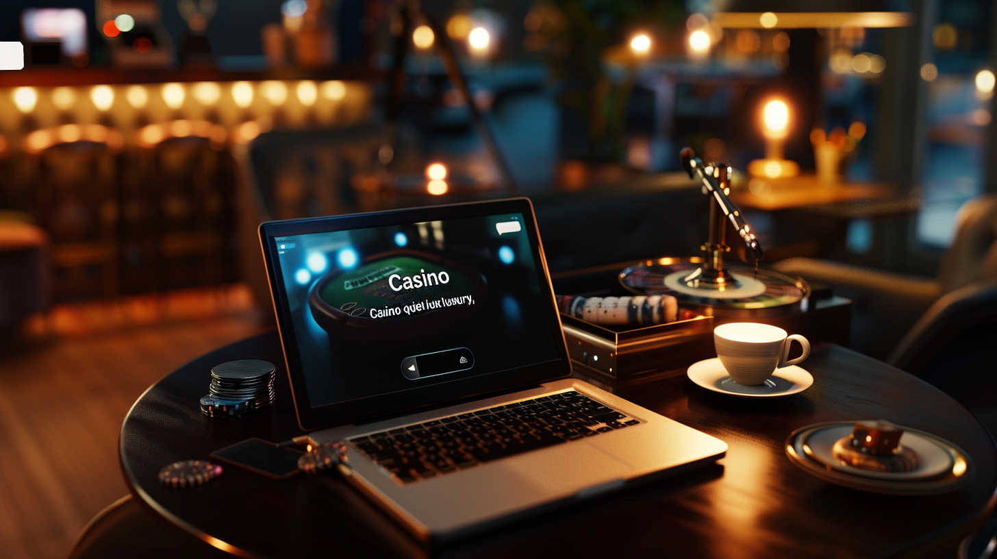 A laptop on a wooden desk showing an online casino interface in a cozy, dimly lit room with a cup of coffee and warm ambient lighting.